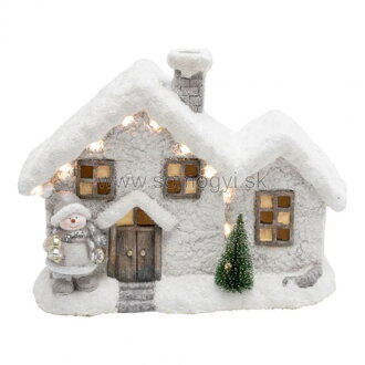 home KDC 33 LED zasnežený domček so snehuliakom, teplá biela