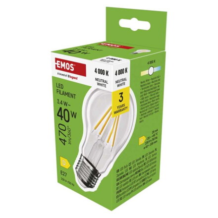 EMOS LED žiarovka Filament A60 3,4 W, ZF5D23