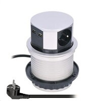 Solight Solight výsuvný blok zásuvek, 3 zásuvky, 2x USB, kruhový tvar nízký, prodlužovací přívod 1,5m, 3 x 1mm2, stříbrný