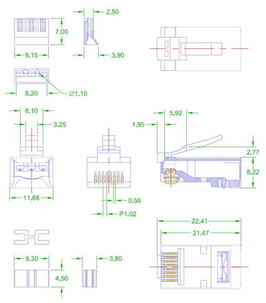 OXnet STP RJ45-8p8c,50µ" Au, Cat6A tienený konektor, lanko,skladaný