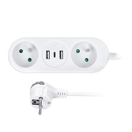 Solight Predlžovací kábel – 2 zásuvky + USB A+C, 1,5m