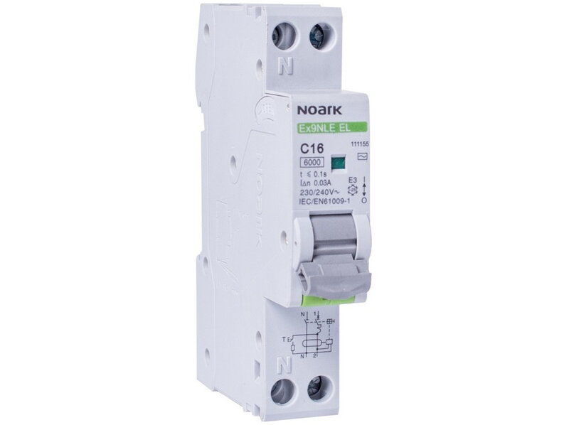 Noark Elektronický prúd. chránič s nadpr. ochr., Icn=6kA, 1+Npól, char. B, In=16A, IΔn=30mA, typ A Noark Elektronický prúd. chránič s nadpr. ochr., Icn=6kA, 1+Npól, char. B, In=16A, IΔn=30mA, typ A