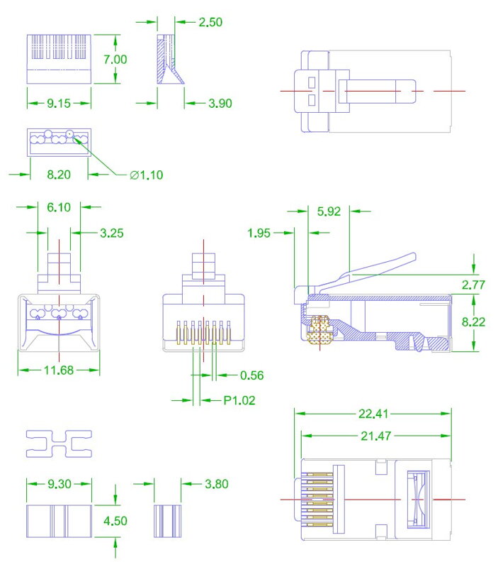 OXnet STP RJ45-8p8c,50µ" Au, Cat6A tienený konektor, lanko,skladaný
